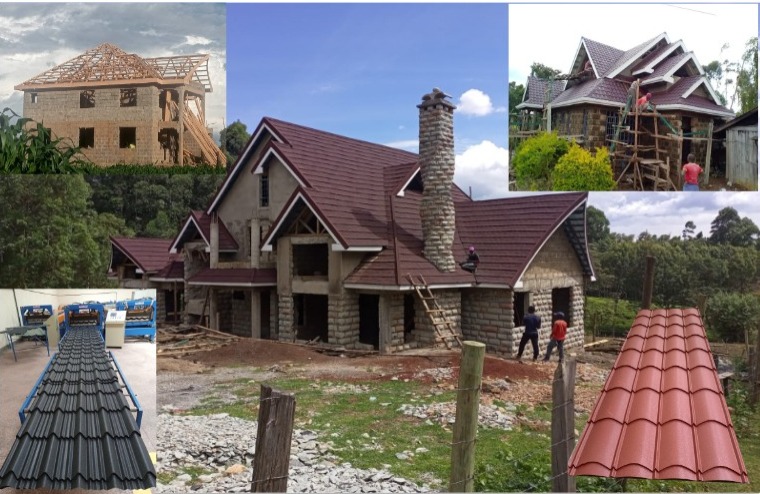 Mabati roofing projects collage including box profile and stone-coated tiles — Everbest