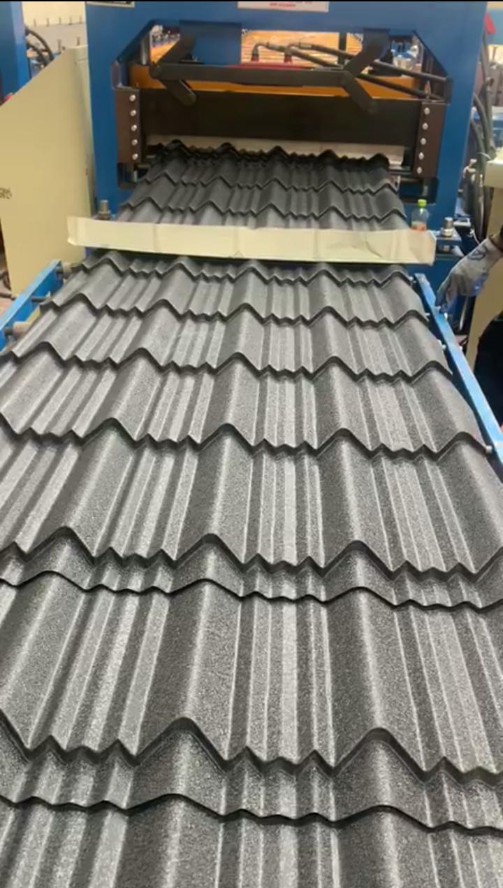 Tile sheets coming off roll-forming machine